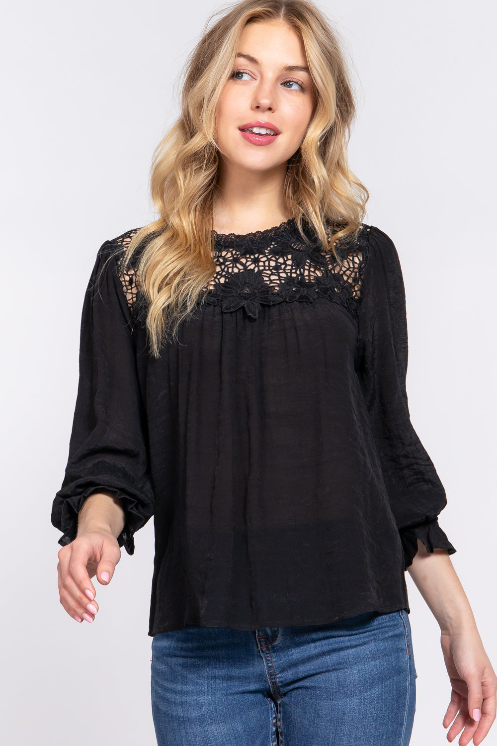 3/4 Sleeve Front Crochet Lace Panel Woven Top - T13690