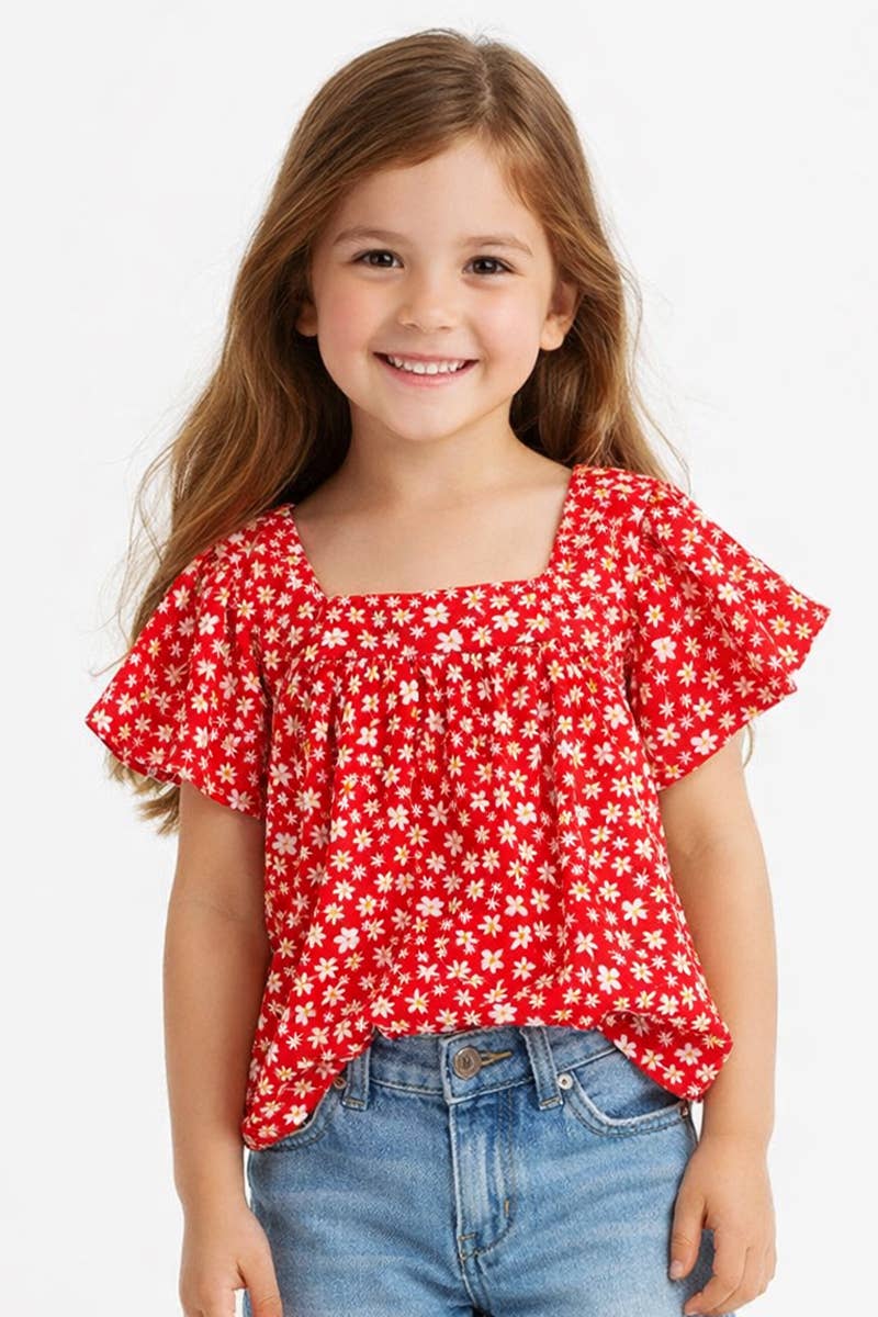 Girl's Floral Fashion Top with Square Neckline - GKT-310B