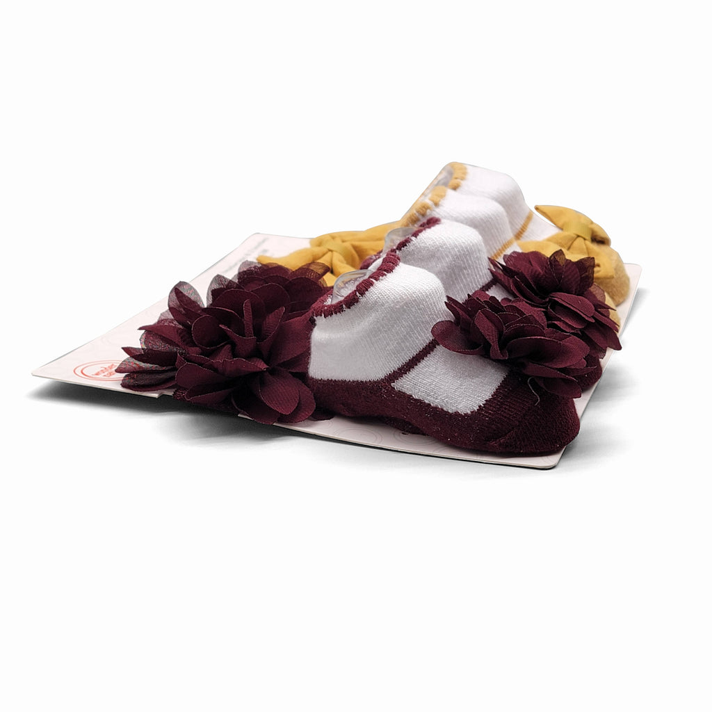Baby Headwraps & Bootie Socks Set – Burgundy & Mustard - W991215