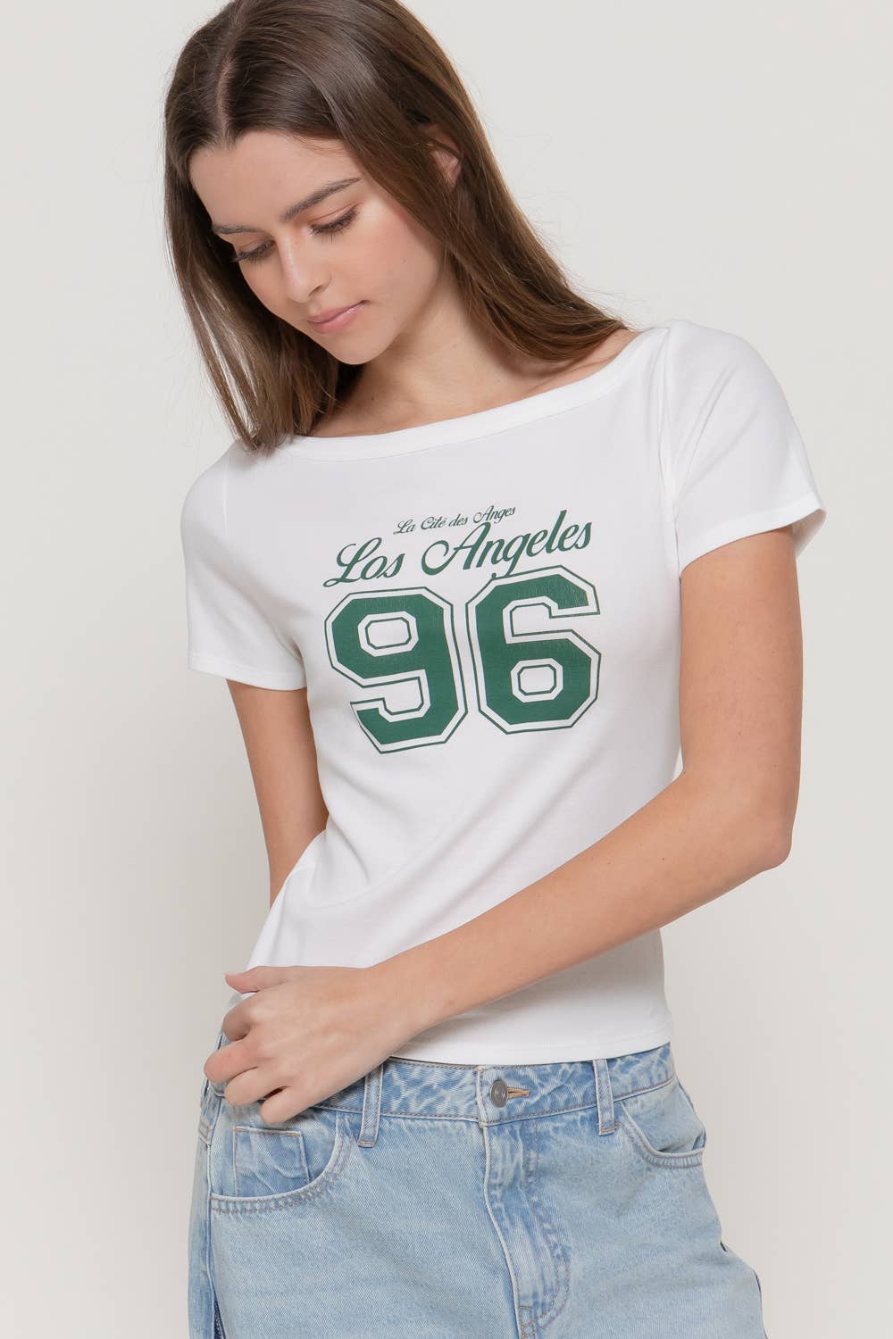 Active USA - Short Sleeve Boat Neck Graphic Print Knit Top - T15307