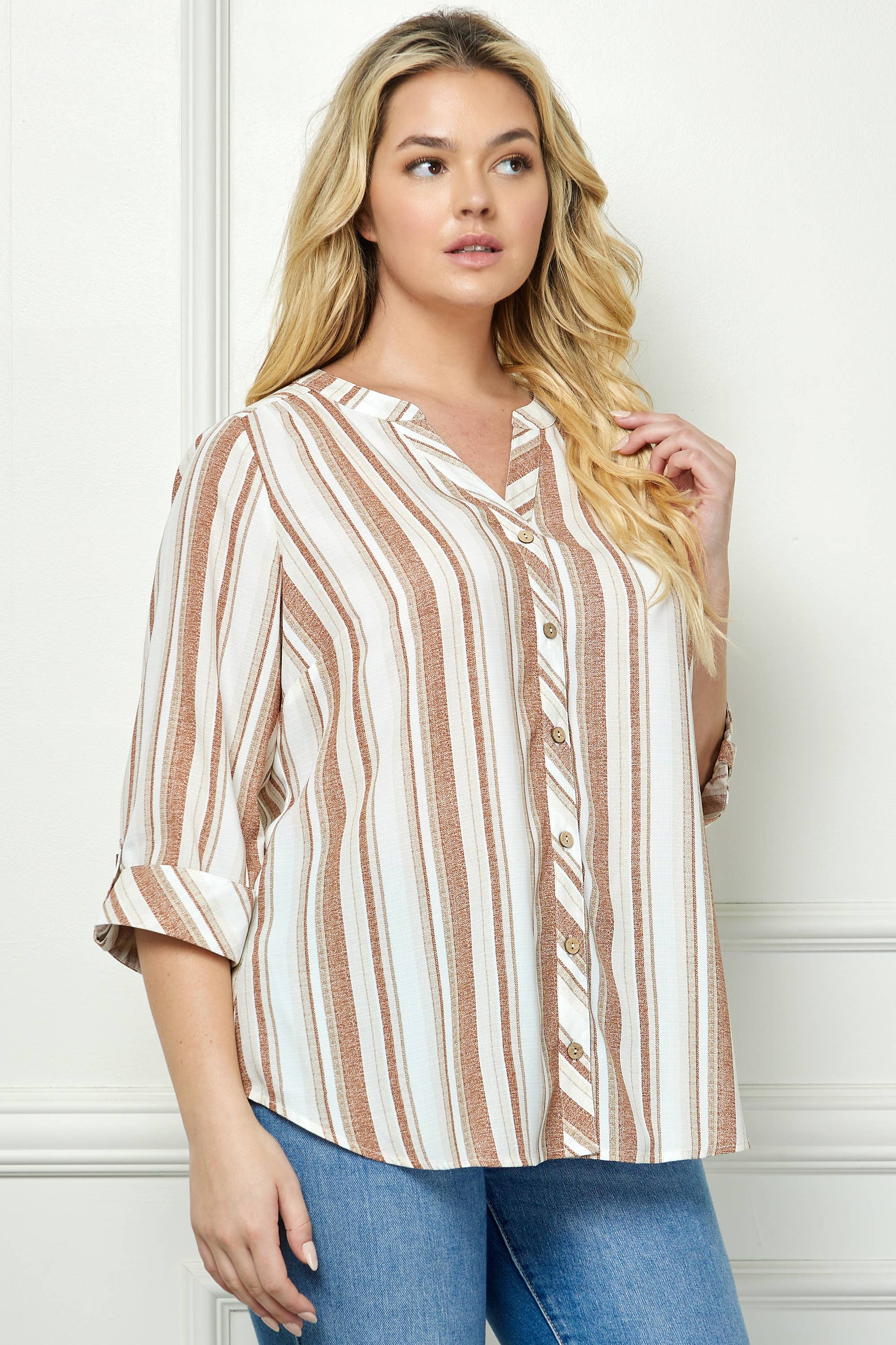 Winslow Collection - Women’s [Plus Size] Mandarin Collar Plaket Blouse - G946551A83X