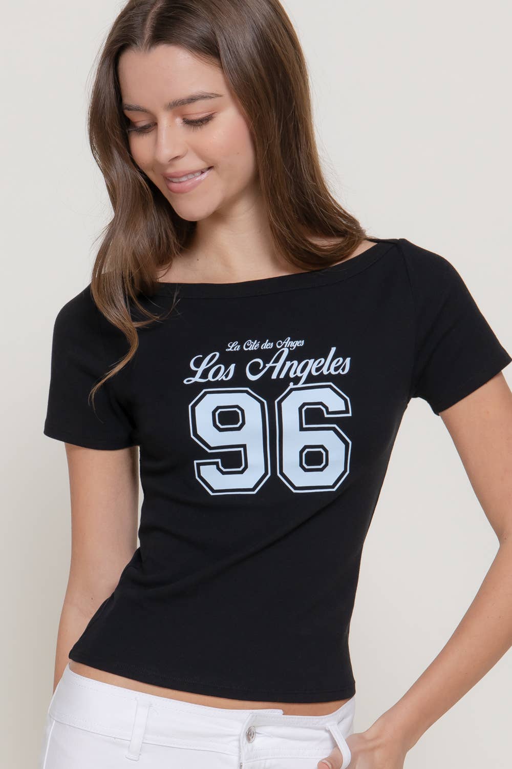 Active USA - Short Sleeve Boat Neck Graphic Print Knit Top - T15307