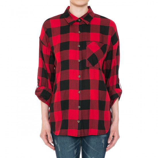 Ambiance - Women's High LS Plaid Shirt - 73232-1 Black/B.Red S