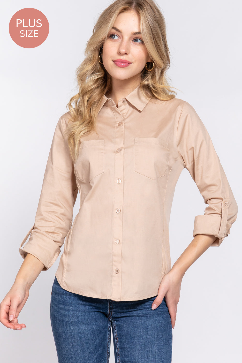 Active USA - (Plus) 3/4 Roll Up Slv Stretch Shirt - T73463