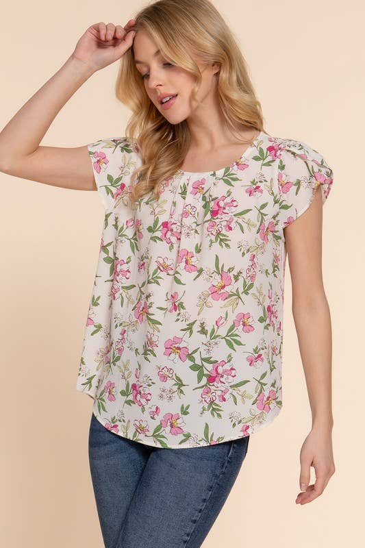 Active USA - Blusa tejida de mujer con estampado floral y manga tulipán corta - T13978
