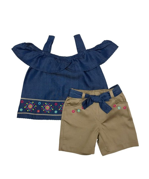Unik - Conjunto de top y short de cambray oscuro con bonito bordado para niña - SS2072