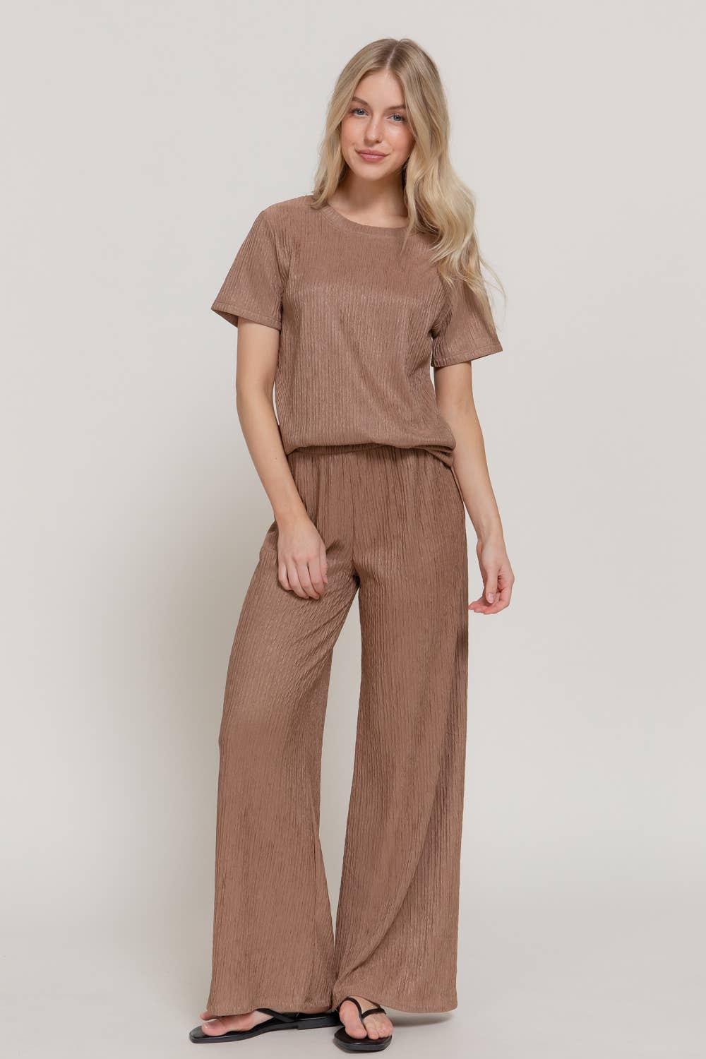 Active USA - Women's Short Sleeve Top & Wide Knit Pants Set - SET14970