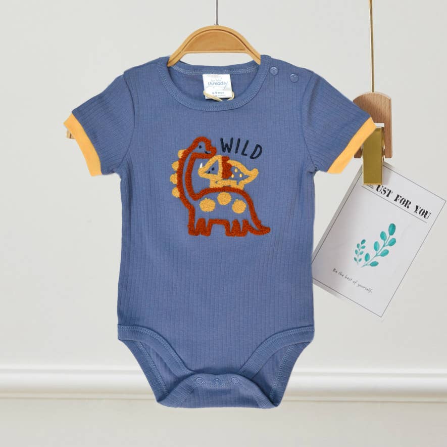 Pack of 3 100% Cotton Dinosaur Chenille Embroidery Bodysuits