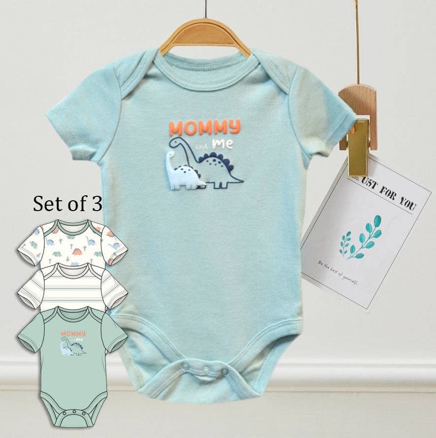 Pack of 3 Baby Dinosaur Puffy Print Pattern Bodysuits - V173G103
