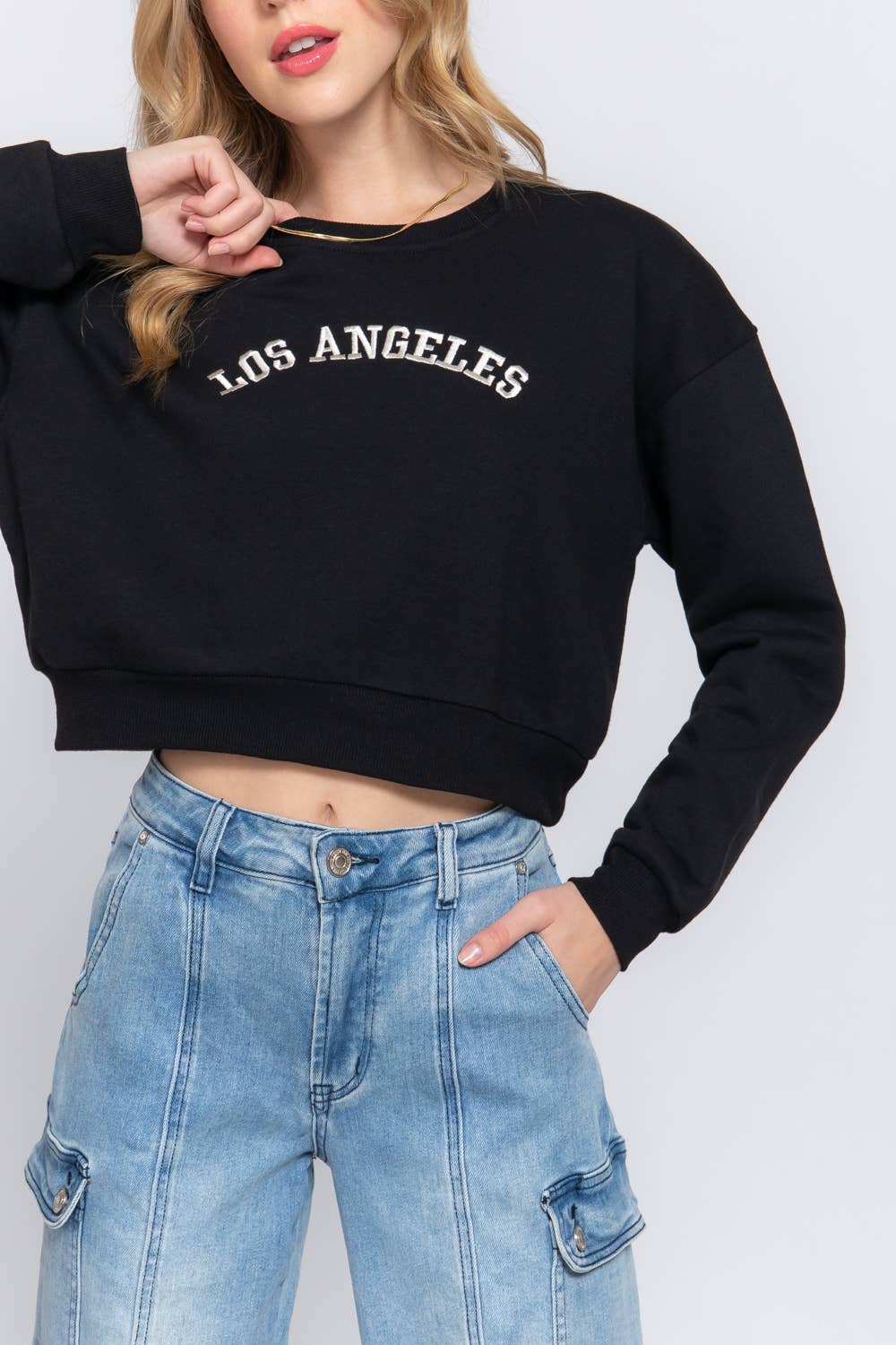 Active USA - Women's Long Dolman Sleeve Crew Neck Embroidery Crop Sweatshirt - T13931