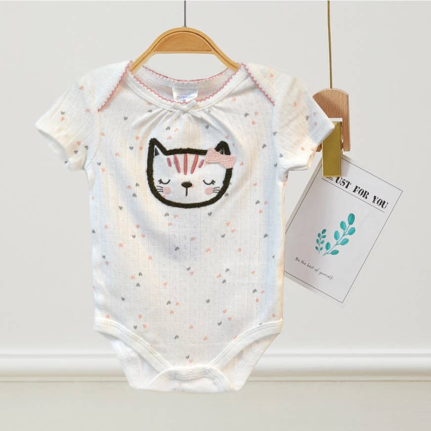 Set of 3 100% Cotton Cream Cat Chenille Embroidery Bodysuits
