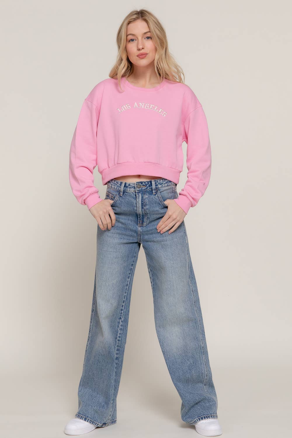 Active USA - Women's Long Dolman Sleeve Crew Neck Embroidery Crop Sweatshirt - T13931