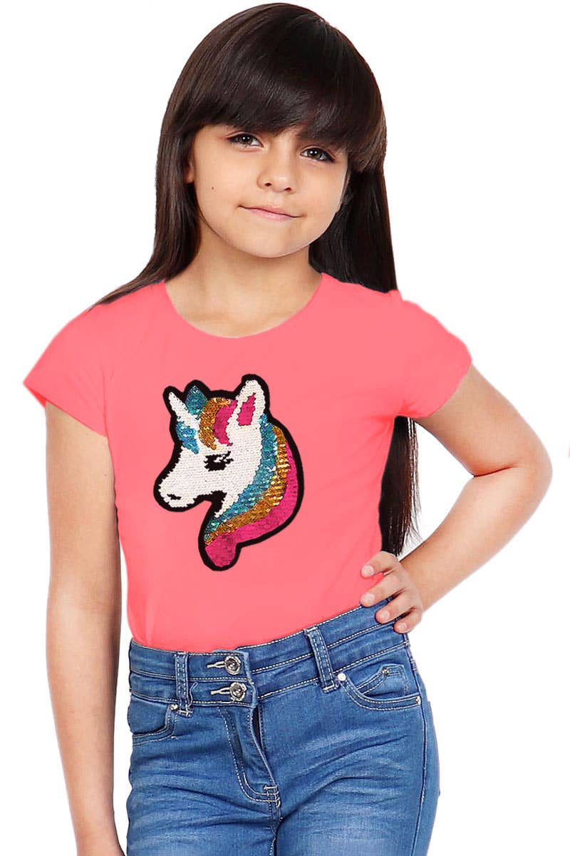 Girl's Knit Scoop Neck Tee W/Sequin Unicorn - GKT-16060B-329