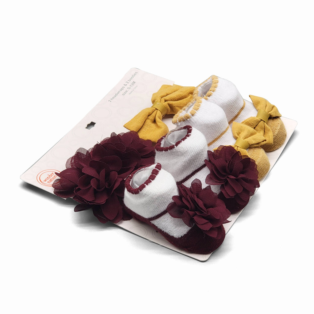 Baby Headwraps & Bootie Socks Set – Burgundy & Mustard - W991215