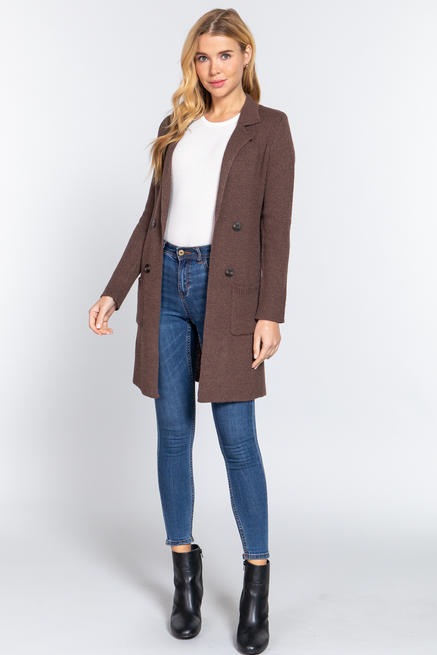 Active USA - Long Sleeve Notched Collar Sweater Jacket - J12027 CHOCOLATE S