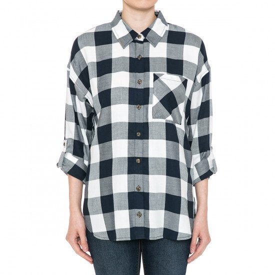 Ambiance - Women's High LS Plaid Shirt - 73232-1 Eclipse/White S