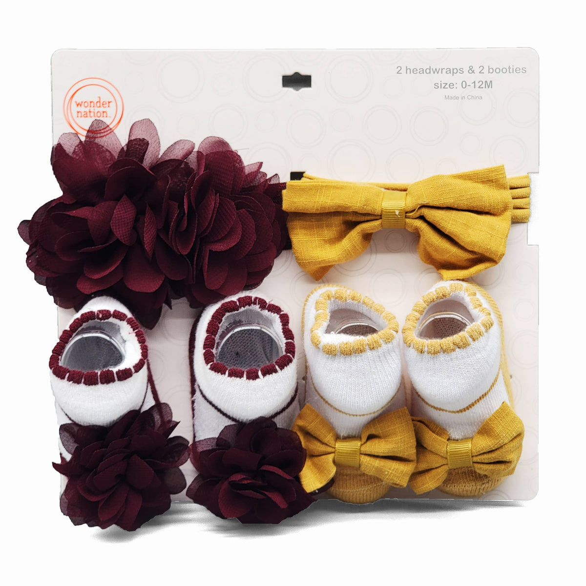 Baby Headwraps & Bootie Socks Set – Burgundy & Mustard - W991215