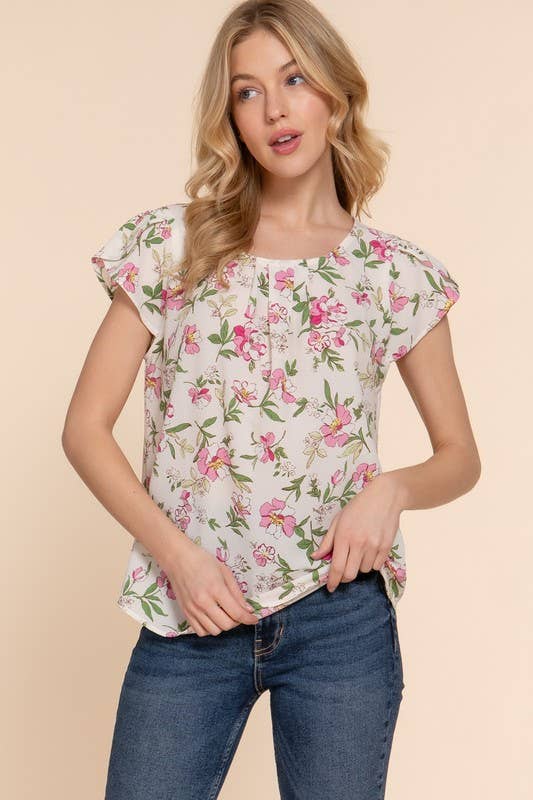 Active USA - Blusa tejida de mujer con estampado floral y manga tulipán corta - T13978