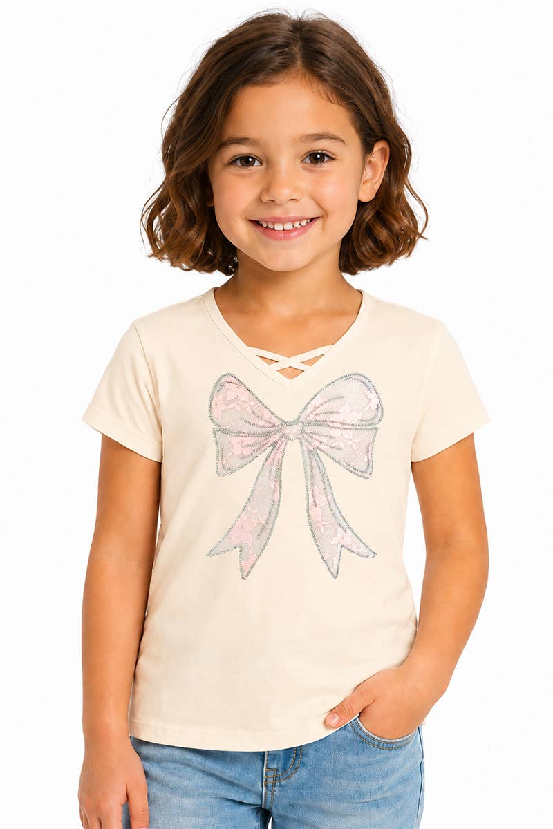 Girl's Graphic Tee with Bow Patch & Rhine - GKT-16810B-833