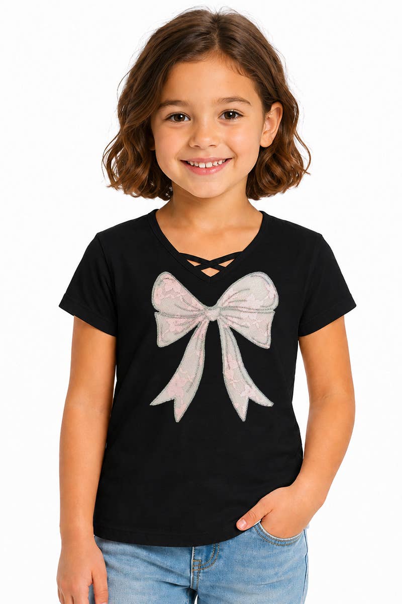 Girl's Graphic Tee with Bow Patch & Rhine - GKT-16810B-833