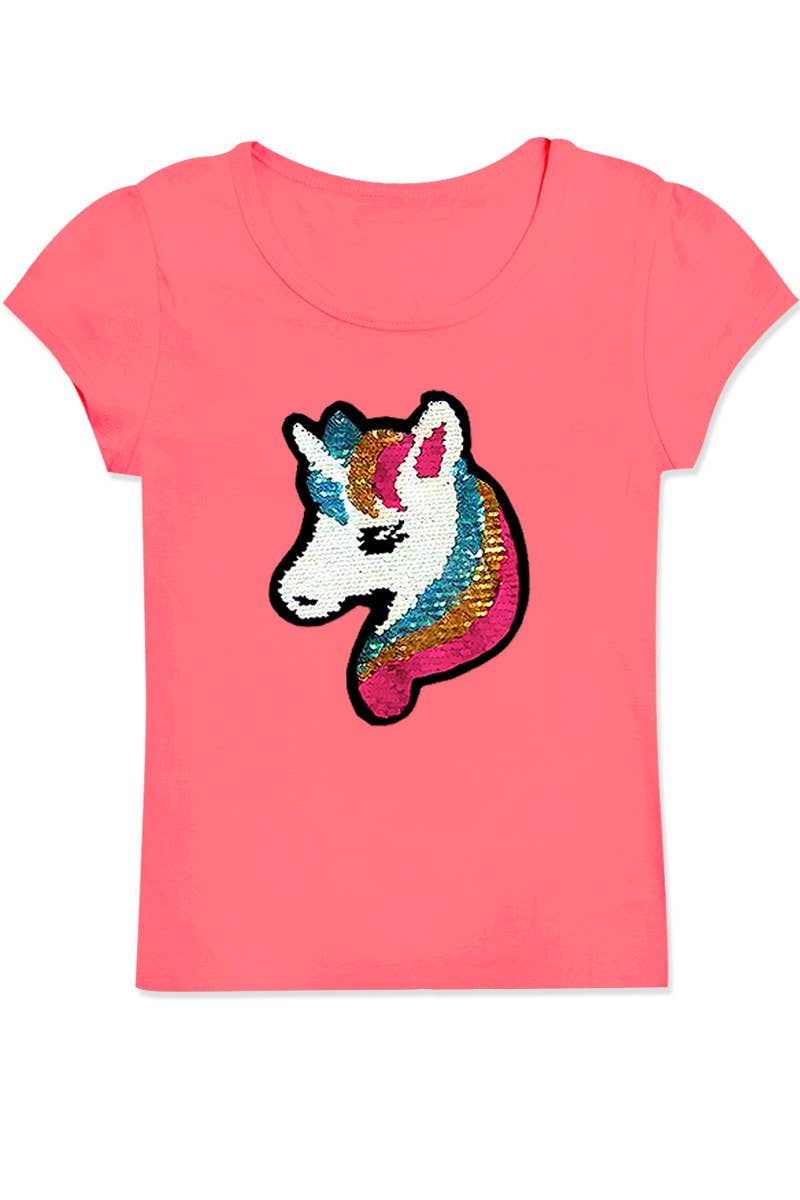 Girl's Knit Scoop Neck Tee W/Sequin Unicorn - GKT-16060B-329