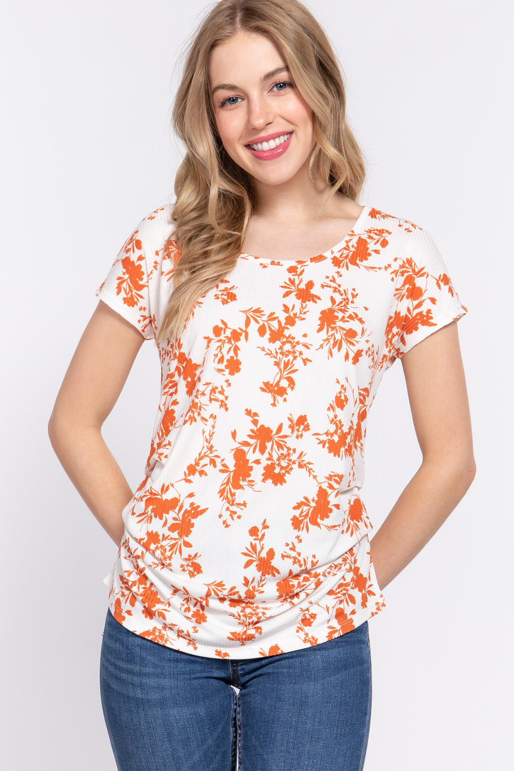 Active USA - Women’s Side Pleats Print Rib Knit Top  - T13523