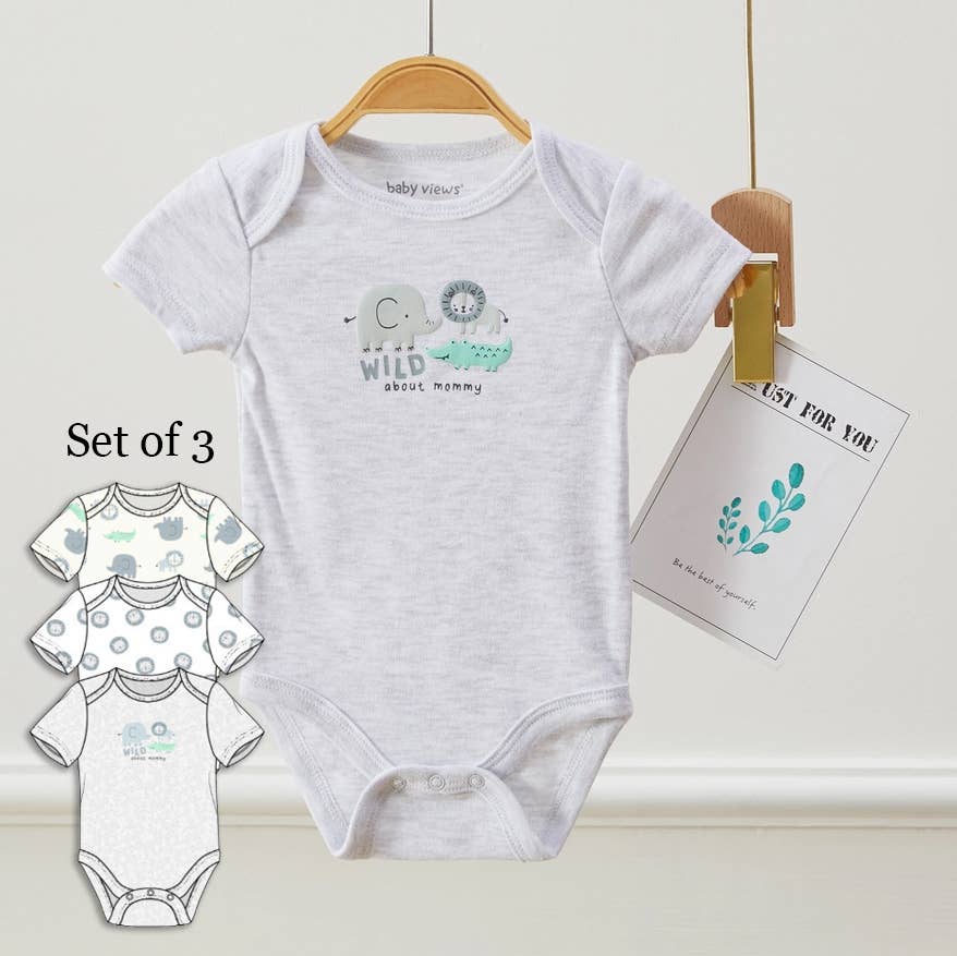 Pack of 3 Baby Boys Safari Animal Short Sleeves Bodysuits