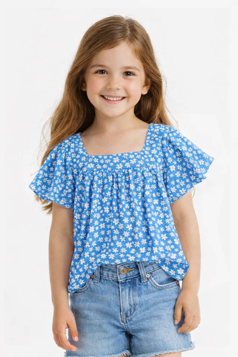 Girl's Floral Fashion Top with Square Neckline - GKT-310B