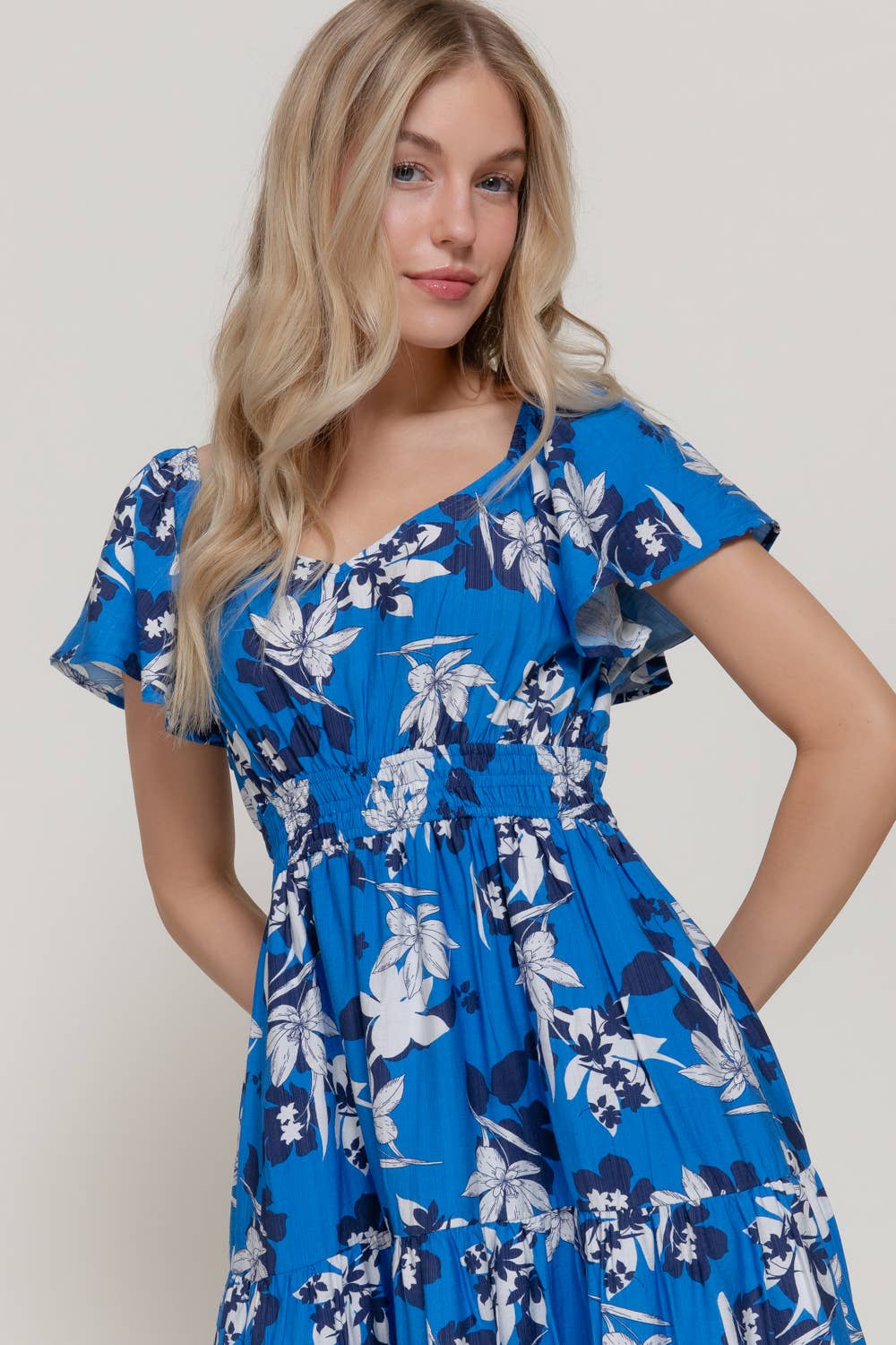 Active USA - Women's Short Flutter Sleeve V-Neck Maxi Printed Dress - D15017