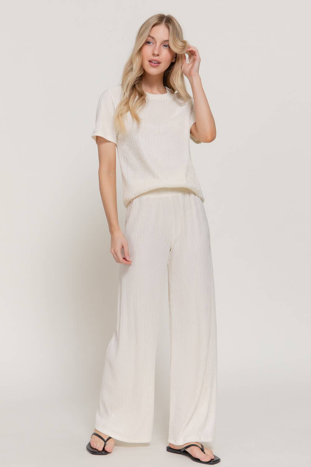 Active USA - Women's Short Sleeve Top & Wide Knit Pants Set - SET14970