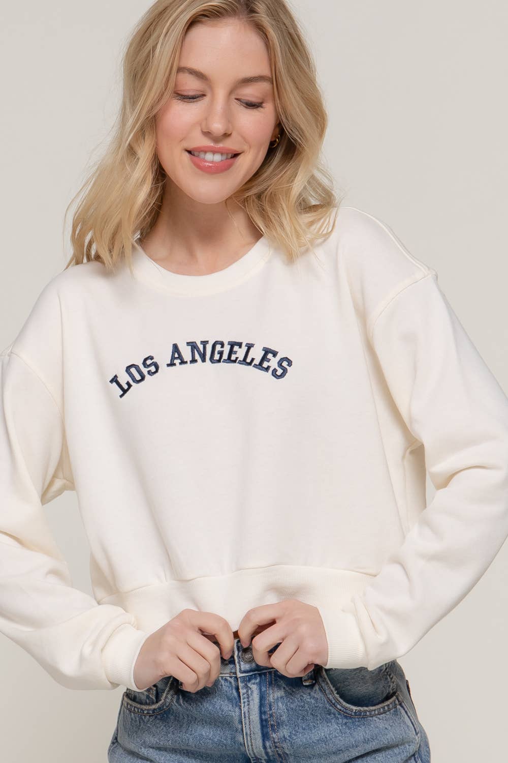 Active USA - Women's Long Dolman Sleeve Crew Neck Embroidery Crop Sweatshirt - T13931