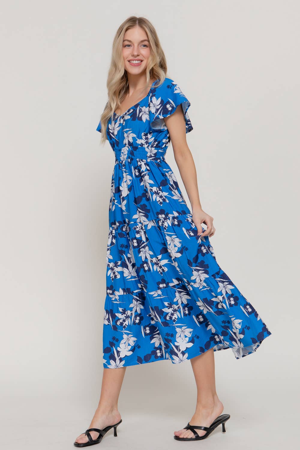 Active USA - Women's Short Flutter Sleeve V-Neck Maxi Printed Dress - D15017