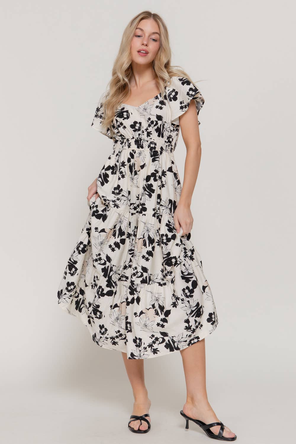 Active USA - Women's Short Flutter Sleeve V-Neck Maxi Printed Dress - D15017
