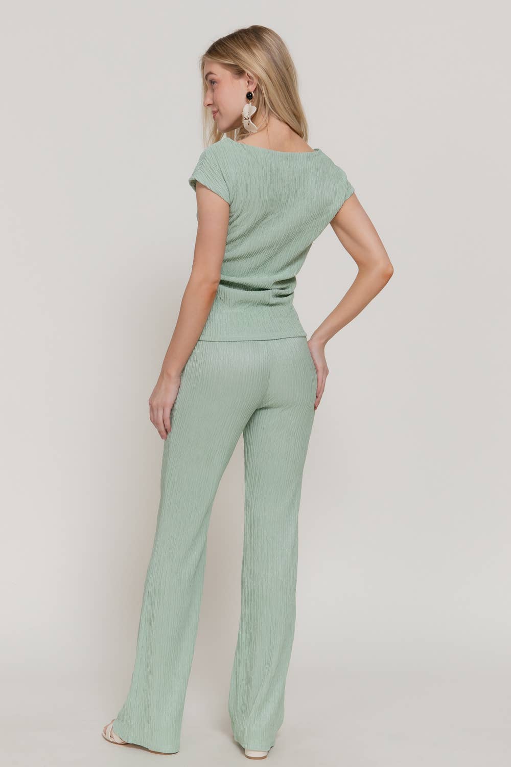 Active USA - Women's Short Dolman Sleeve Top & Flare Long Pants Wavy Crinkle Set - SET14762