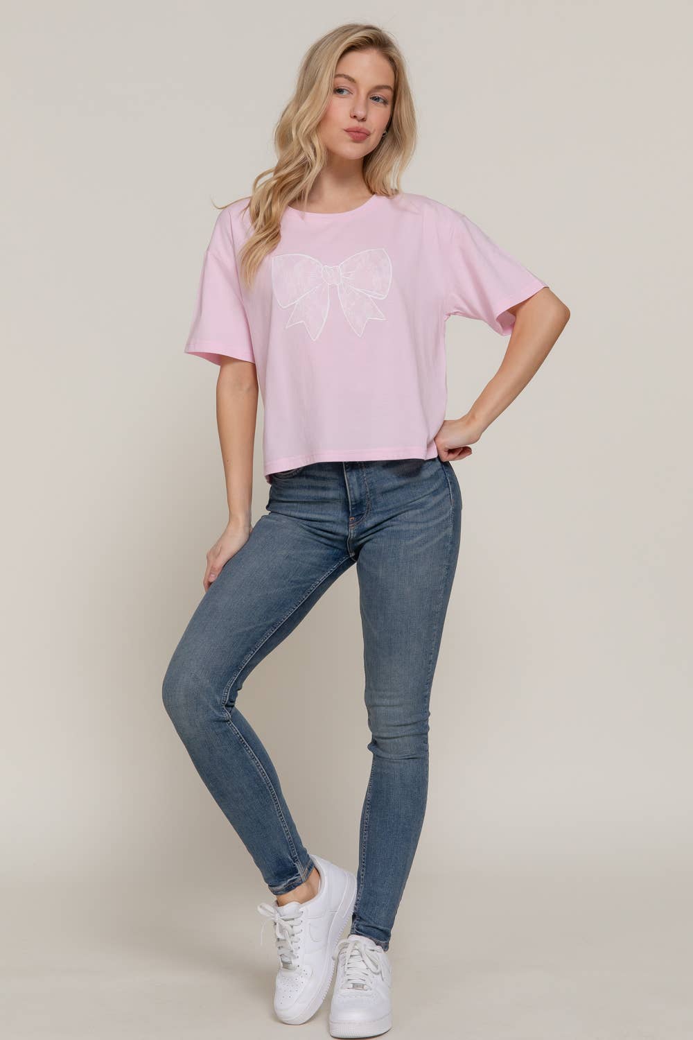 Active USA - Women's Short Sleeve Crew Neck Lace Patch Oversize Cotton Jersey Top - T14465