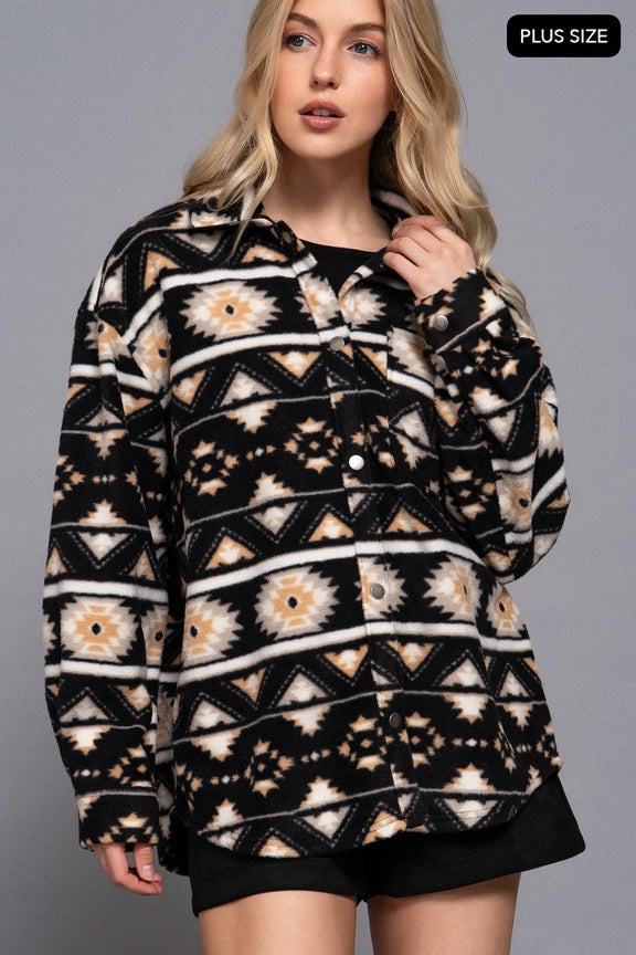  Long Sleeve Printed Fleece Shacket [Plus Size] - J74024