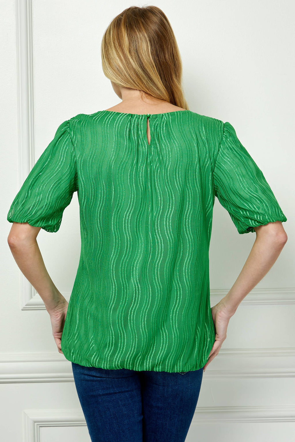 Winslow Collection - Women’s Wave Cord Mesh Bubble Sleeve Pleats Top - G52984T44