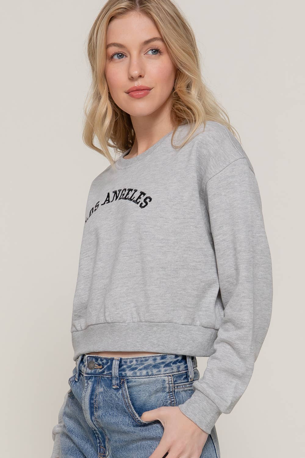 Active USA - Women's Long Dolman Sleeve Crew Neck Embroidery Crop Sweatshirt - T13931