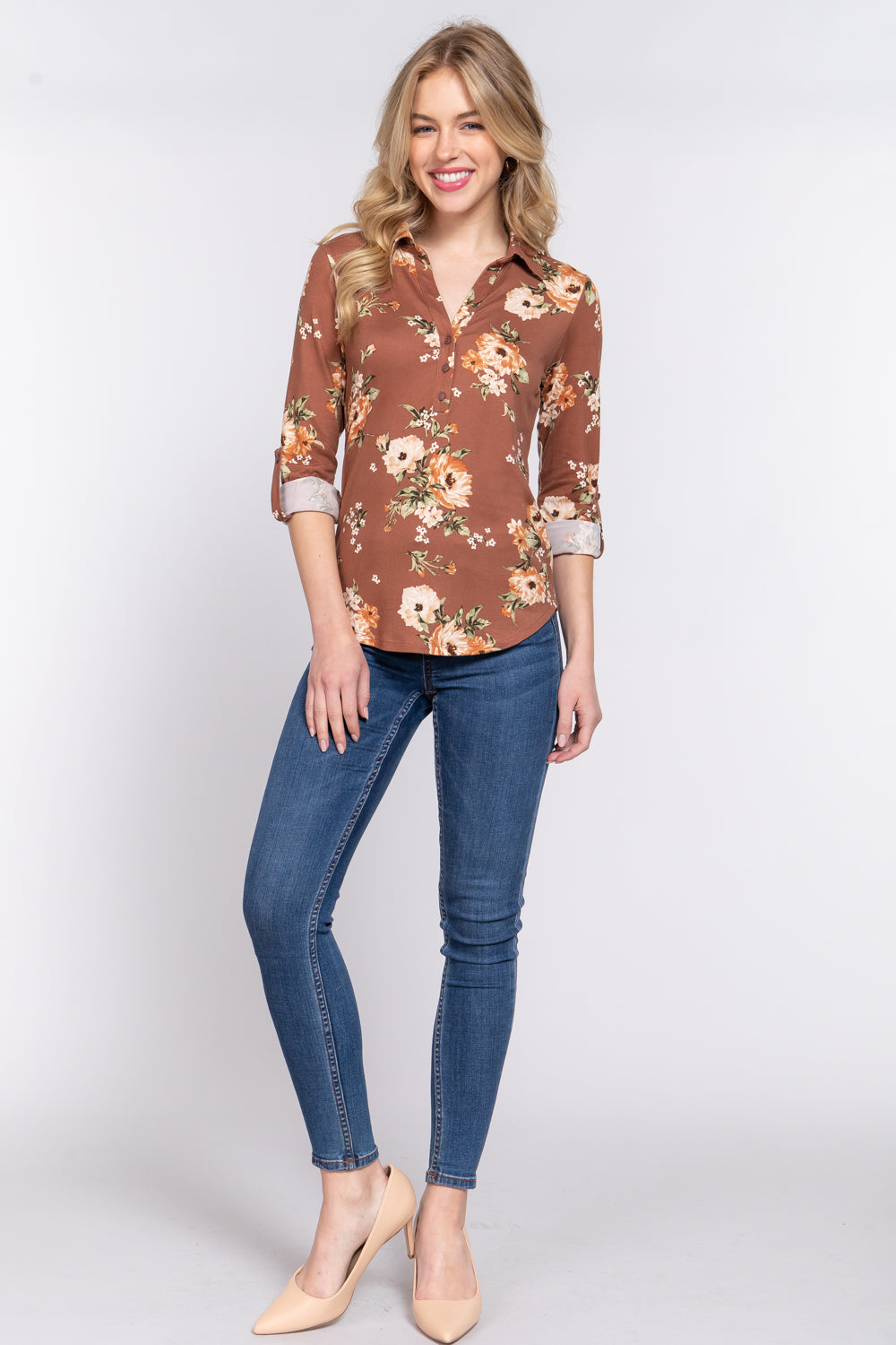 Active USA - 3/4 Roll Up Slv Notched Print Knit Top - T13625