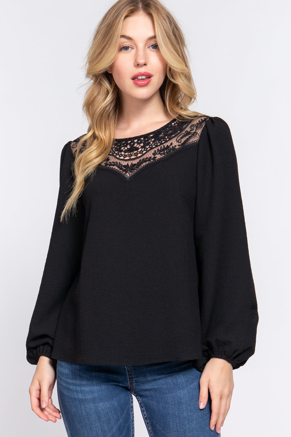 Active USA - Women's Crochet Lace Panel Woven Top - T13670