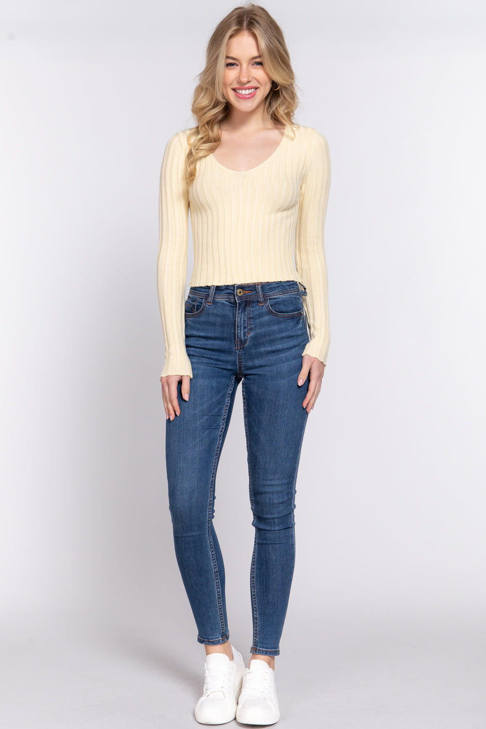 Long Sleeve V-neck Sweater Rib Top - SW13556