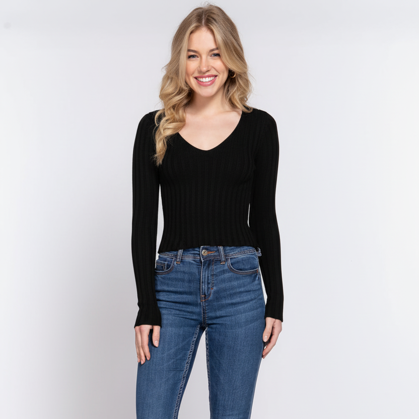 Active USA - Women's Long Sleeve V-neck Sweater Rib Top - SW13556