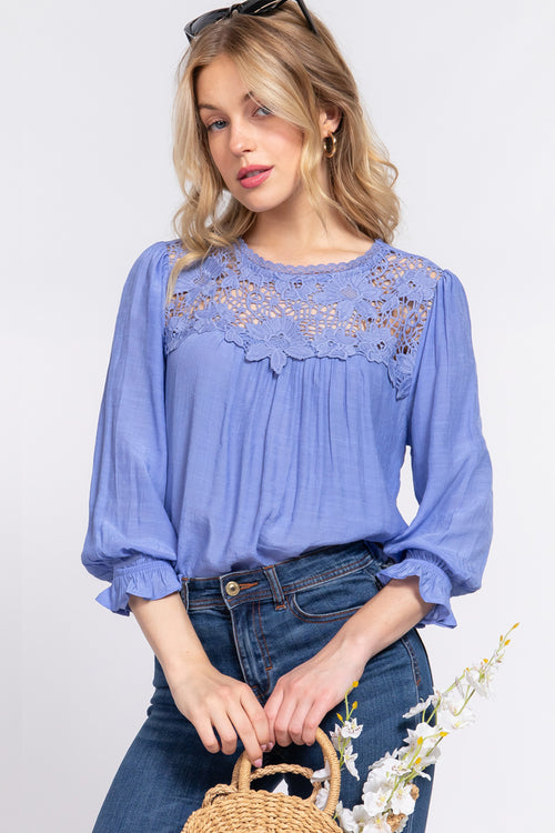 3/4 Sleeve Front Crochet Lace Panel Woven Top - T13690