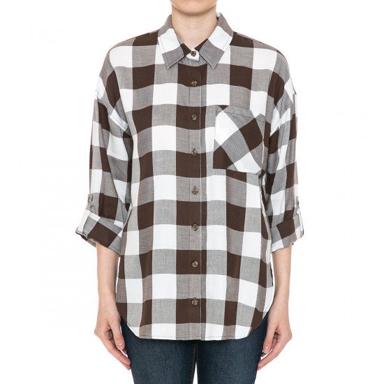 Ambiance - Women's High LS Plaid Shirt - 73232-1 Java/White S
