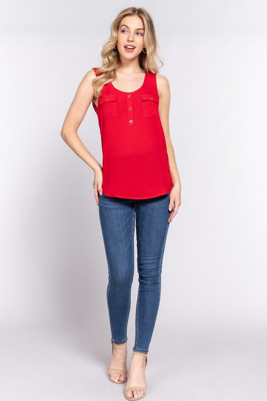 Active USA - Women's Sleeveless Scoop Neck Buttoned Pocket Woven Top - T13395