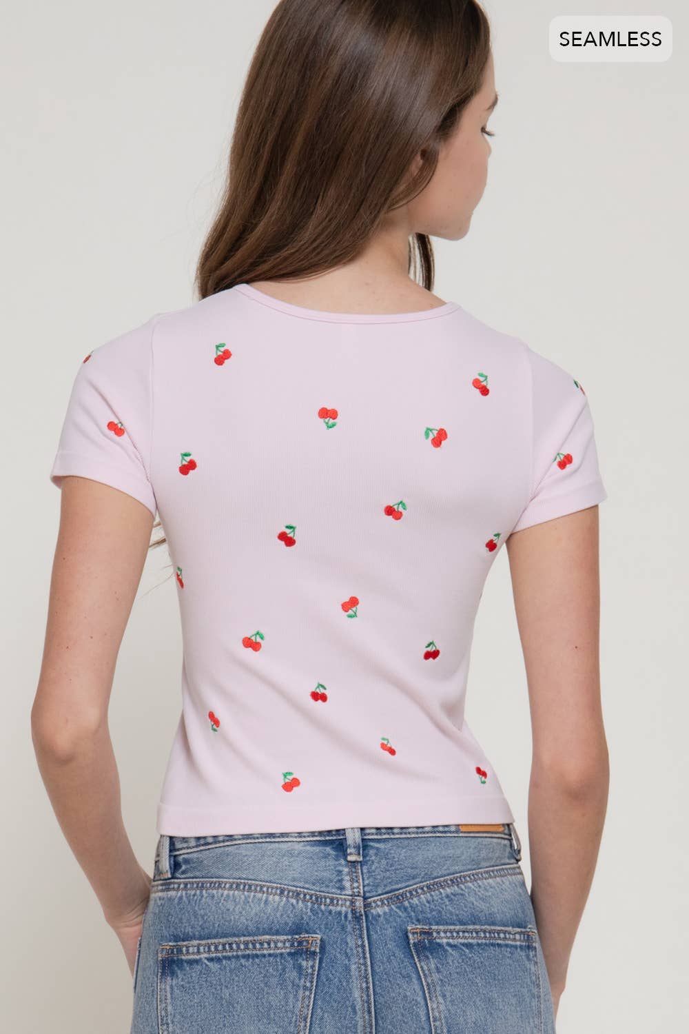 Active USA - Women's Short Sleeve Crew Neck Cherry Embroidery Detail Seamless Top - T15245