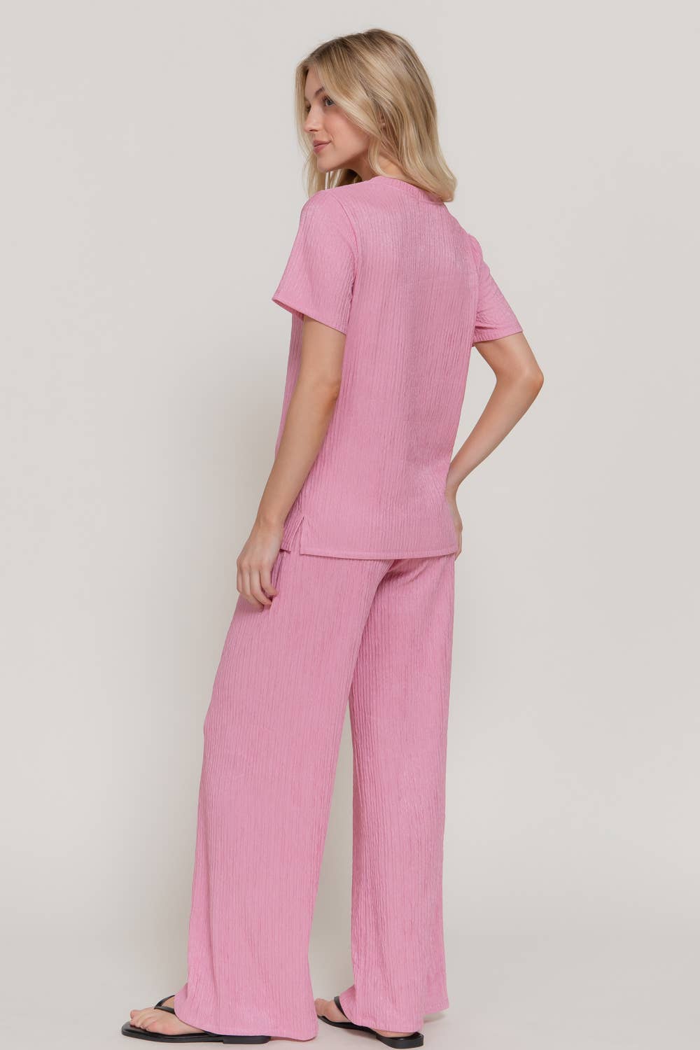 Active USA - Women's Short Sleeve Top & Wide Knit Pants Set - SET14970