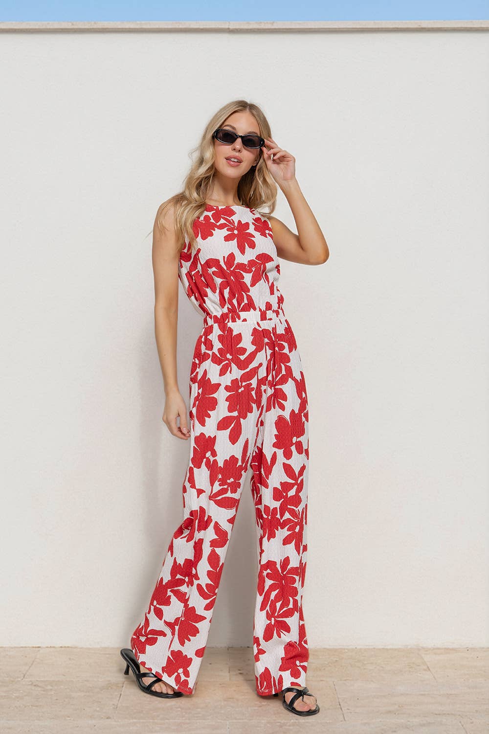 Active USA - Women's Sleeveless Round Neck Waist Band Print Texture Knit Jumpsuit - P14902