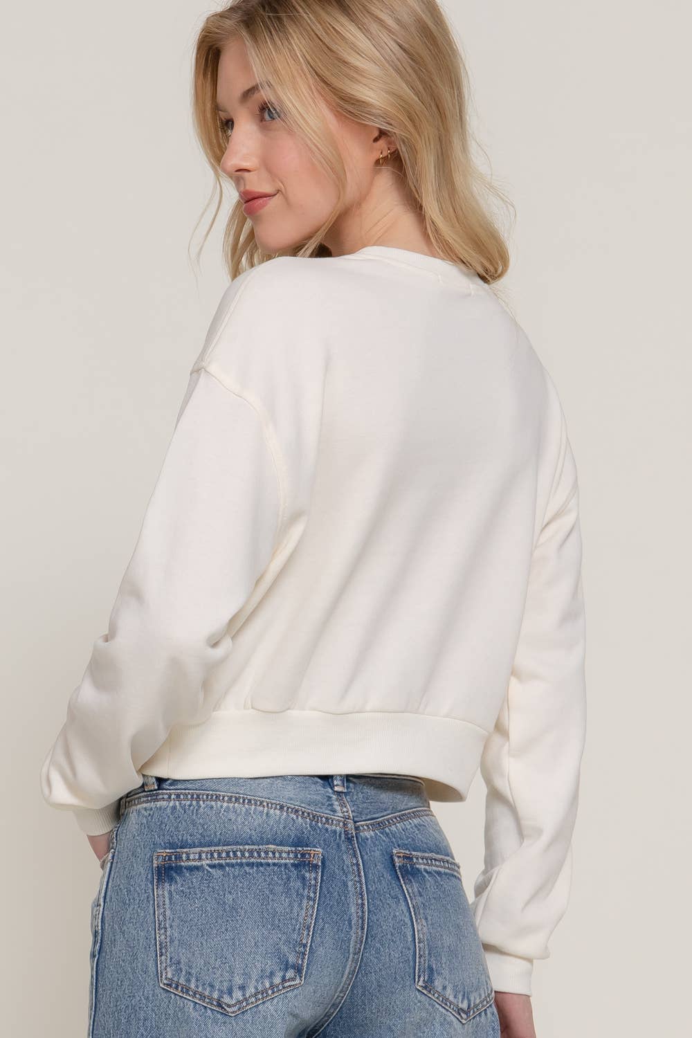 Active USA - Women's Long Dolman Sleeve Crew Neck Embroidery Crop Sweatshirt - T13931