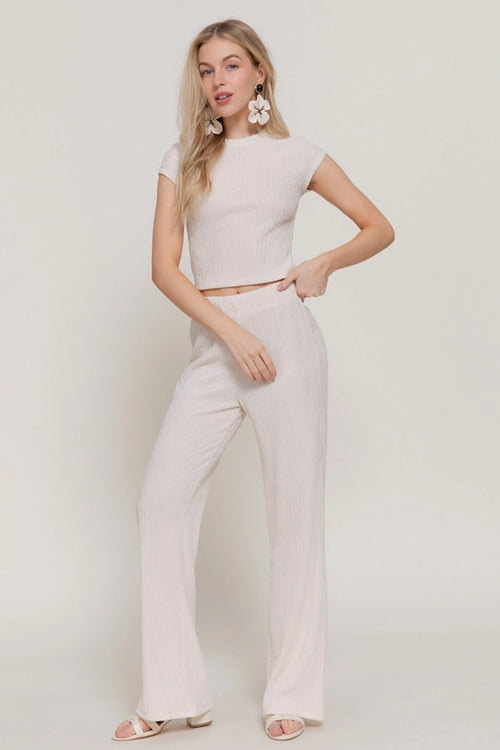 Active USA - Conjunto de top de manga corta con cuello redondo y pantalones acampanados con cintura para mujer - SET14434A